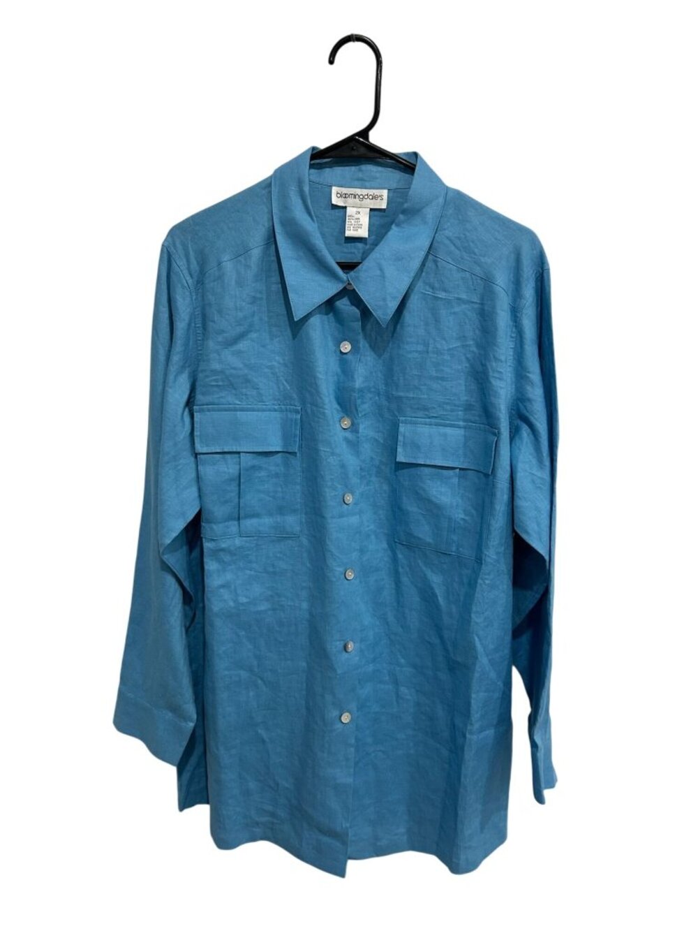 Bloomingdales 2X Blue 100% Linen Front Pocket Button Up Shirt Clean Girl